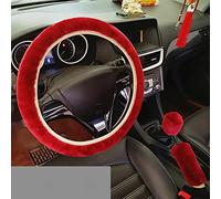 XuanMax Inverno Corto Peluche Coprivolante Auto Set con Freno a Mano Pomello del Cambio Gear Shift Covers Peloso Soffice Veicolo Copri Volante dell'automobile Copertura di Volante 38cm - Rosso