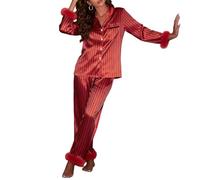 Xuanxi Set di biancheria da notte da donna in due pezzi in poliestere leggero e caldo con colletto a risvolto a maniche lunghe a righe disegni per la notte fredda delle donne Loungewear, Rosso, M