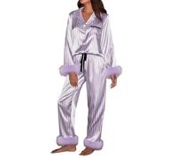 Xuanxi Set di biancheria da notte da donna in due pezzi in poliestere leggero e caldo con colletto a risvolto a maniche lunghe a righe disegni per la notte fredda delle donne Loungewear, Viola, XL