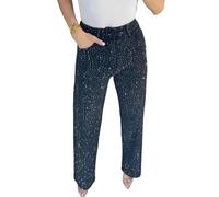 XUANXUANQZ Jeans A Gamba Dritta con Dettagli in Strass, Jeans A Gamba Dritta da Donna con Strass, Pantaloni in Denim Elasticizzati A Vita Alta con Strass (Nero,L)