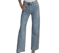 XUANXUANQZ Jeans A Gamba Dritta con Dettagli in Strass, Jeans A Gamba Dritta da Donna con Strass, Pantaloni in Denim Elasticizzati A Vita Alta con Strass (Blu,5XL)