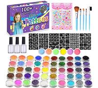 XUBX 56 colori Kit di tatuaggi glitterati, Kit Tattoo Temporanei, Tatuaggi Glitter, Kit Tatuaggi Temporanei Glitter Per Bambini e Adulti, 56 Glitter, 152 Stencil, 2fogli diamanti, 3 Colla, 5 Spazzole
