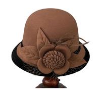 XUCZHAI Cappello a bombetta da donna, a tesa larga, stile vintage, con rete e fiori, for costumi di carnevale accessori(Light Coffee)
