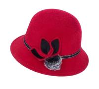 XUCZHAI Cappello da donna vintage elegante con pompon a forma di fiore, in feltro, tinta unita, tesa larga, for autunno e inverno, berretto jazz femminile(Red)