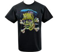 Xue Fu Rong Mens Frankenstein T-Shirt Lowbrow Ratfink Art Horror Monster Cross Bones T-Shirt Black L