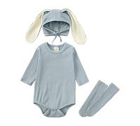 XUEJIANN Giubbotto di tutina per bambini, neonati, ragazzi, ragazze, coniglietti, body a coste, con orecchie di coniglio, calze, set di vestiti per ragazzi, Blu, 6-12 Monate