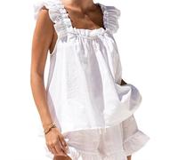 xuergu Pigiama estivo da donna senza maniche, con volant, schiena scoperta, crop canotta e pantaloncini con volant in tinta unita, morbido abbigliamento da notte per il massimo comfort, rosa, M