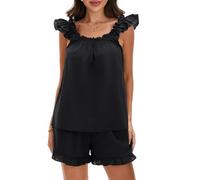 xuergu Pigiama estivo da donna senza maniche, con volant, schiena scoperta, crop canotta e pantaloncini con volant in tinta unita, morbido abbigliamento da notte per il massimo comfort, Nero , S