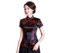XueXian Camicetta cinese da donna in broccato di raso con fiore floreale Qipao top colletto alla coreana camicetta Tang Suit, Nero e rosso, 16 Petite