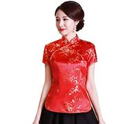 XueXian Camicetta cinese da donna in broccato di raso con fiore floreale Qipao top colletto alla coreana camicetta Tang Suit, Rosso, 50 Petite