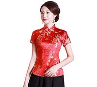 XueXian Camicia Cinese Donna Dragone E Fenice In Raso Broccato Qipao Con Colletto Alla Mandarina Tang Suit, Rosso, 40 Petite