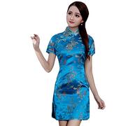 XueXian Donne Dragon Phoenix Raso Broccato Qipao Cheongsam Manica Corta Abiti Cinese Lunghezza Coscia Blu lago 8 Petite