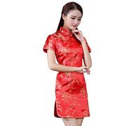 XueXian Donne Floreale Fiore Raso Broccato Qipao Cheongsam Manica Corta Abiti Cinesi Lunghezza coscia, Rosso, 46