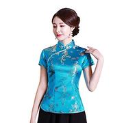 XueXian Dragon Phoenix Satin Broccato Qipao Top Collo Mandarino Camicia Cinese Camicetta Tang Suit, Azzurro, 40 Petite