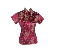 XueXian Dragon Phoenix Satin Broccato Qipao Top Collo Mandarino Camicia Cinese Camicetta Tang Suit, Burgudny., 50 Petite