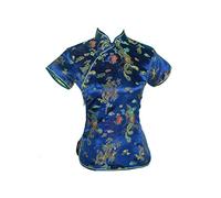 XueXian Dragon Phoenix Satin broccato Qipao Top coreano colletto cinese camicia camicetta Tang Suit, Blu, 40 Petite