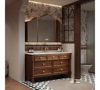 XULOEGYUNE Vanità moderna del bagno tutto in uno, lavabo singolo montato a pavimento con set di specchio antiappannamento intelligente e stoccaggio, telaio in legno massello (armadio a specchio