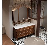 XULOEGYUNE Vanità moderna del bagno tutto in uno, lavabo singolo montato a pavimento con set di specchio antiappannamento intelligente e stoccaggio, telaio in legno massello (armadio a specchio