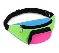 Xuniea Marsupio al Neon Retrò degli Anni '80 a 2 Tasche Marsupi a Mani Libere Borsa con Cintura Vita Regolabile Costumi per Donna Uomo per Festa Tema Anni '80 Viaggio (Fondo Verde)