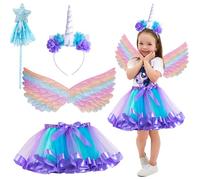 XUNIVERS 4 PCS Gonna Unicorno per Bambini,Set Cosplay di Unicorno,Bacchetta Magica a Stella,Vestito da Principessa Ali con Cerchietto Unicorno,Gonna per Festa Compleanno Partito Regalo Carnevale