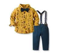 xuntao Bimbo Neonato Completini e Coordinati Gentiluomo, Camicia Fiocco e Bretelle Pantaloni 4 Pezzi,2314 Giallo,9-12 Mois (100CM)
