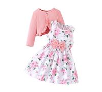 xuntao Set Vestito Bambina con Cardigan, Abito Floreale Viola e Bianco con Fiocco, Maglietta a Costine con Volant, 2 Pezzi Rosa 2-3Y