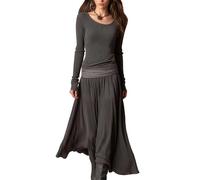 XUSAI Abito da Donna Vintage Anni '70 in Stile Western, a Maniche Lunghe, in Maglia Patchwork a Coste, in Maglione, Abiti Lunghi Casual Autunnali,Dark Gray,L