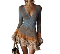 XUSAI Abito Maglione Lavorato a Maglia Sexy a Maniche Lunghe con Scollo a V Profondo da Donna, Elegante Abito Corto Estivo a Blocchi di Colore Slim Fit con Volant sull'Orlo,Grigio,XXL