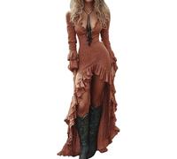 XUSAI Arancia,XXL,Vestito Lungo Sexy da Donna a Maniche Lunghe con Scollo a V Profondo Abito Lungo Western Cowgirl Autunno Casual Orlo Asimmetrico Abito Alto Basso