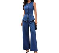 XUSAI Dark Blue,S,Completo Casual da Lavoro da Donna in Denim, Elegante Top in Jeans Vintage e Jeans a Gamba Larga, Completo in Denim da 2 Pezzi