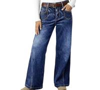 XUSAI Jeans a Gamba Larga a Vita Alta per Pantaloni in Denim Dritti Elasticizzati alla Moda dalla vestibilità Ampia,Blu,M