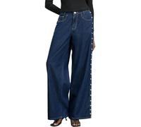 XUSAI Jeans Larghi da Donna a Gamba Larga a Vita Alta, Eleganti, alla Moda, con Rivetti Laterali, Pantaloni Casual in Denim dalla vestibilità Ampia,Dark Blue,S
