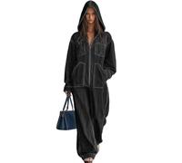 XUSAI Nero,L,Tuta da Donna in Denim con Cappuccio Vintage, Ampia, Manica Lunga, Cerniera Intera, Gamba Larga, Autunno Inverno