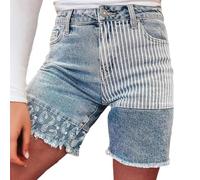 XUSAI Pantaloncini Jeans a Vita Alta da Donna, Pantaloncini in Denim con Orlo sfilacciato Patchwork a Righe alla Moda, Pantaloncini Boho Estivi,Light Blue,XS