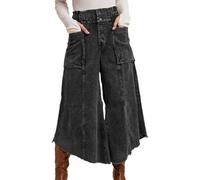 XUSAI Pantaloni in Velluto a Coste a Vita Alta da Donna Pantaloni Cropped con Orlo sfilacciato e Gamba Larga Vintage invecchiati y2k,Nero,XXL