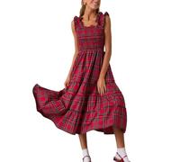 XUSAI Rosso,M,Abito Scozzese Natalizio da Donna, Senza Maniche, Casual, con Volant, Spalline a Strati, Lungo Abito Babydoll con Orlo a Trapezio