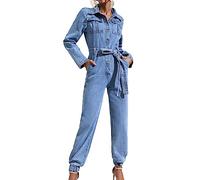 XUSAI Tuta da Donna in Denim a Maniche Lunghe con Bottoni, Tuta da Jeans Lunga Blu Sottile con Cintura,Blu,L