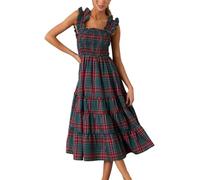 XUSAI Verde,XL,Abito Scozzese Natalizio da Donna, Senza Maniche, Casual, con Volant, Spalline a Strati, Lungo Abito Babydoll con Orlo a Trapezio