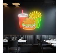 Xusdamyj Targhetta al neon per hamburger e patatine fritte, targa a LED personalizzata per ristoranti hamburger | Fast Food Store Wall Art | Street Food Patatine Frites Decor