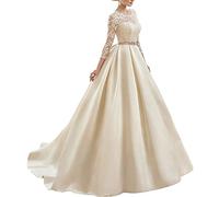 XUYUDITA Abiti da Sposa in Raso Con Scollo a V Donna Con Maniche Lunghe Bianco-36