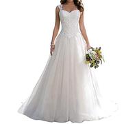 XUYUDITA Abito da Sposa Lungo in Pizzo Una Linea Sweetheart Tulle Bianco-48 Plus