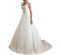 XUYUDITA Coprispalle in Pizzo con Scollo a V a Doppio Giro Appliques A Line Abiti da Sposa per la Sposa 2019 Avorio-44