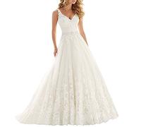 XUYUDITA Vestito da Cerimonia Nuziale del Merletto del Collo del Merletto V Vestiti da Sposa in Rilievo Appliques Cinghie Abito da Sposa Avorio-38