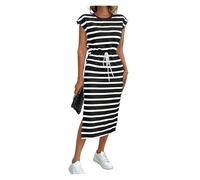 XVDRFSD Vestito Donna Elegante Abito Casual da Donna Estivo con Scollo Rotondo Diviso A Righe Bianche E Nere(Black,XL)