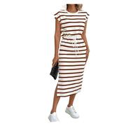 XVDRFSD Vestito Donna Elegante Abito Casual da Donna Estivo con Scollo Rotondo Diviso A Righe Bianche E Nere(Brown,M)