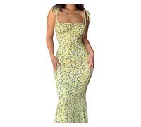 XVDRFSD Vestito Donna Elegante Abito Longuette Floreale da Donna con Cinturino for Spaghetti Allacciato con Scollo A V Diviso Abiti Eleganti Vintage Sexy Femminili(Light Yellow,S)
