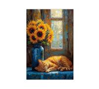 XVHOGAS Dipinto a olio minimalista con gatto giallo e girasoli vicino alla finestra, decorazione per camera da letto, ufficio, camera da letto, regalo, 50 x 75 cm