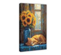 XVHOGAS Dipinto a olio minimalista con gatto giallo e girasoli vicino alla finestra, decorazione per camera da letto, ufficio, camera da letto, regalo, 30 x 45 cm