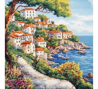 XvvwEndlessx 11CT Kit Punto Croce Prestampato Ricamo Starter Kit Città Costiera DIY Decorazione Domestica Set Da Ricamo Per Principianti, Adulti E Bambini 40×50Cm