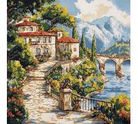 XvvwEndlessx 11CT Kit Punto Croce Prestampato Ricamo Starter Kit Mare Di Fiori E Cottage Con Acqua Corrente D DIY Decorazione Domestica Set Da Ricamo Per Principianti, Adulti E Bambini 40×50Cm